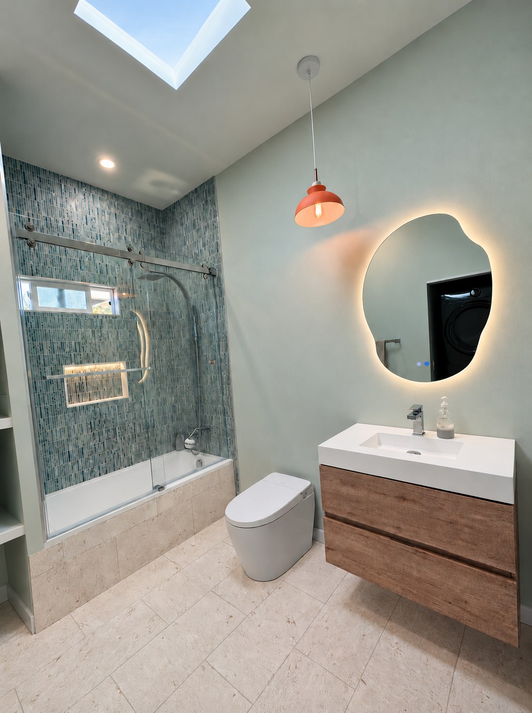 Hall bath under its skylight, with green marble mosaic around the tub and a limestone floor