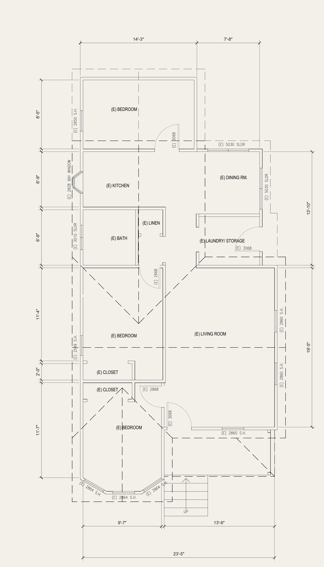 Floor plan before: three bedrooms, one bath, galley kitchen, living room at the front