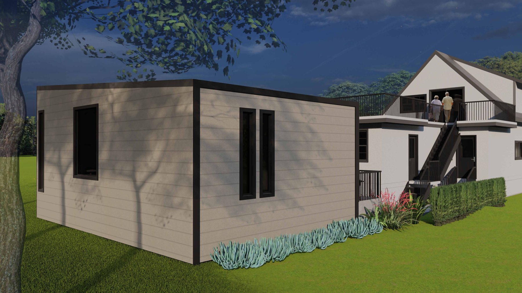 Rendering of the proposed ADU in the back yard, with the house behind it