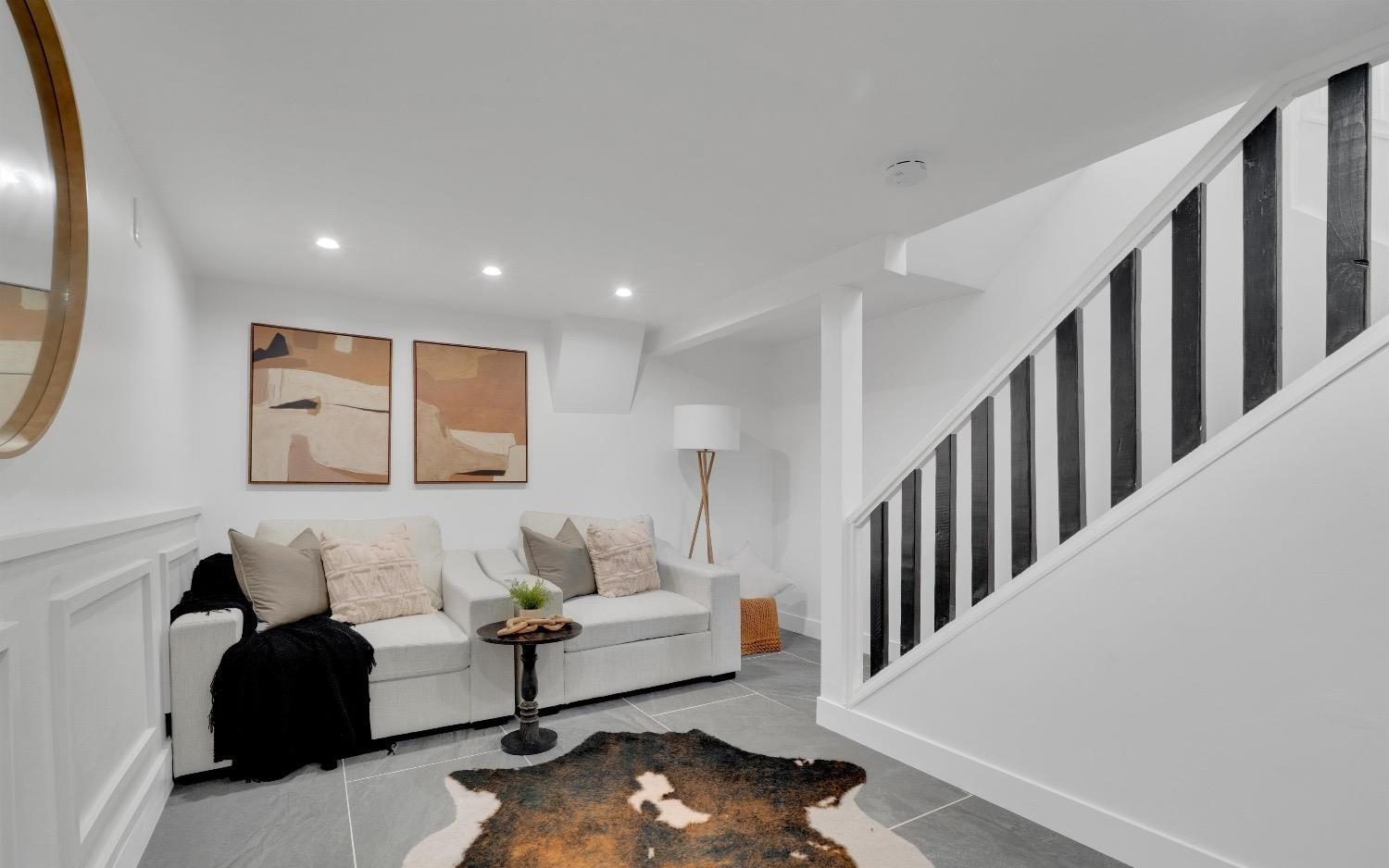 The basement, finished as a media room