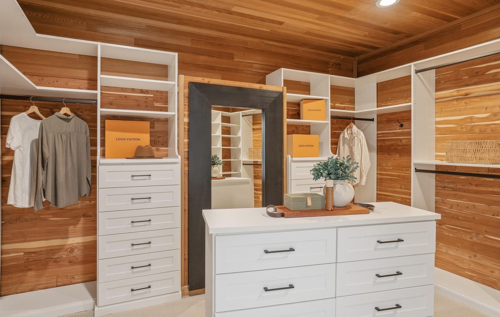 The wood-lined primary closet