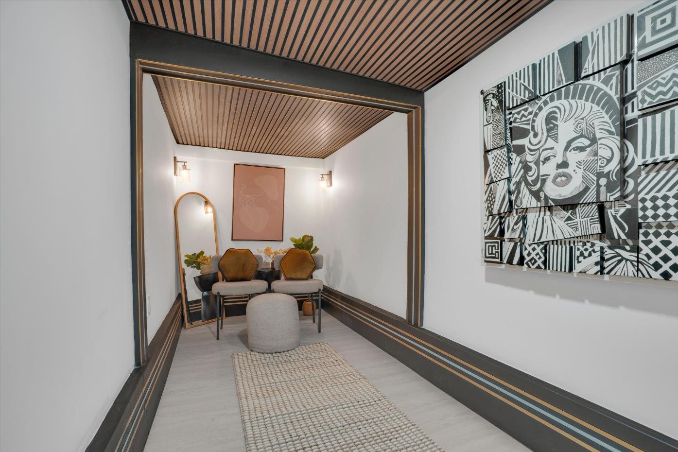 The room behind the hidden door, with a slatted wood ceiling