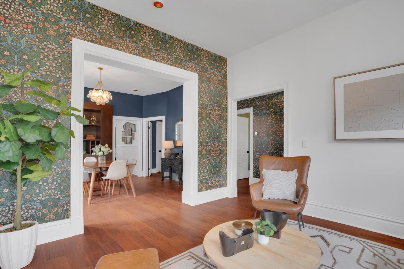 The front room after, with patterned wallpaper